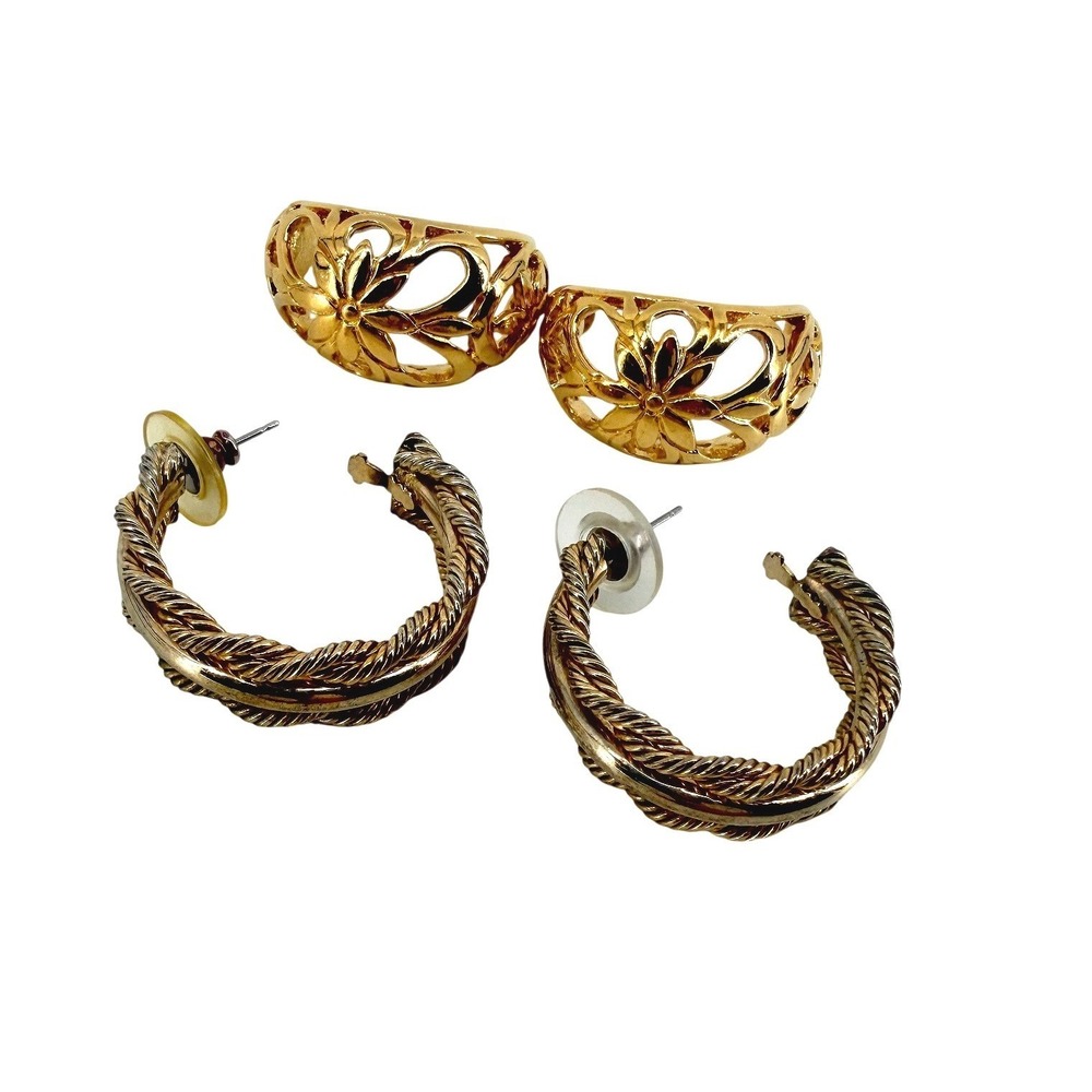 Gold Tone Hoop Earring Set Filigree Floral & Twisted Rope C-Hoops 2 Pairs